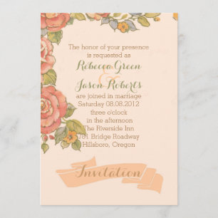 vintage typography  flowers peach spring wedding invitation