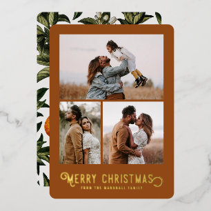 Vintage Typography Winter Oranges Photo Christmas  Foil Holiday Card