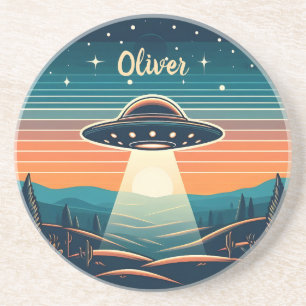 Vintage UFO at Sunset Personalized Coaster