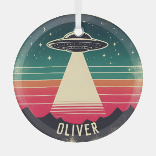 Vintage UFO at Sunset Personalized Glass Ornament