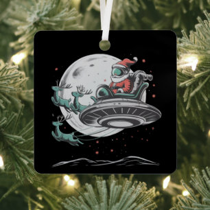 Vintage UFO Santa Claus Alien Christmas Cryptid Metal Ornament
