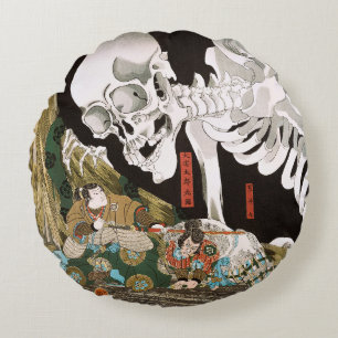 Vintage Ukiyo-e Kuniyoshi Skeleton Spectre Art Round Pillow