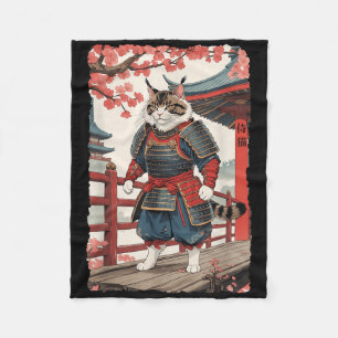 Vintage Ukiyo-e Samurai Cat In Kimono Sumi-e Ninja Fleece Blanket