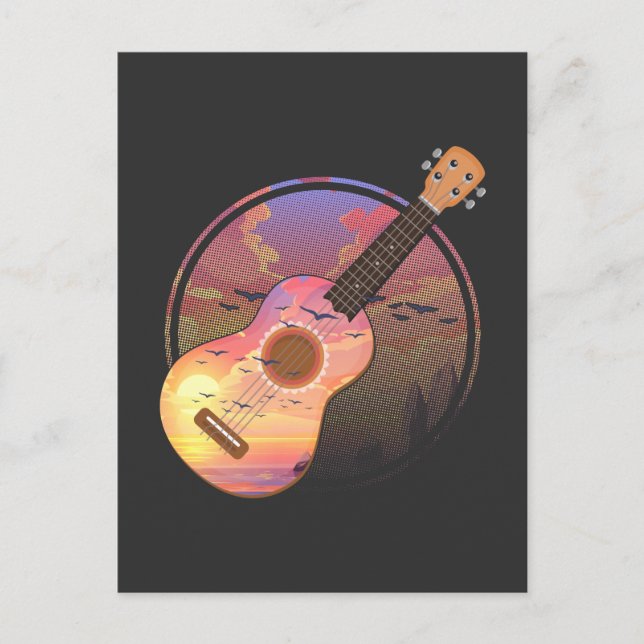 Vintage Ukulele Sunset Musician Nature Hawaii Postcard (Front)