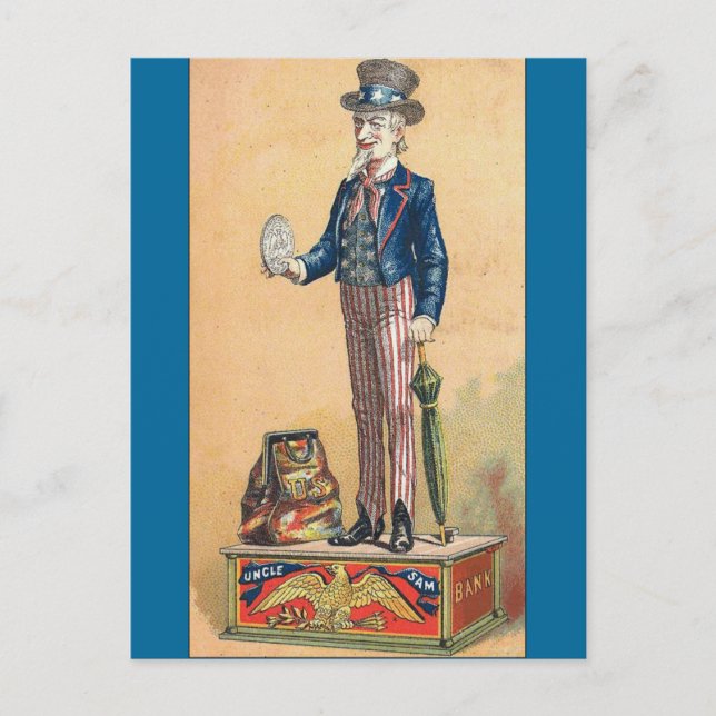 Vintage Uncle Sam Coin Bank Postcard (Front)