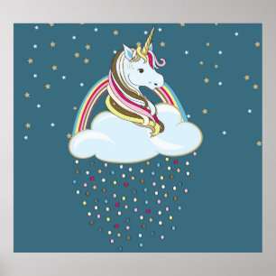 Vintage Unicorn: Rainbow Clouds Illustration Poster