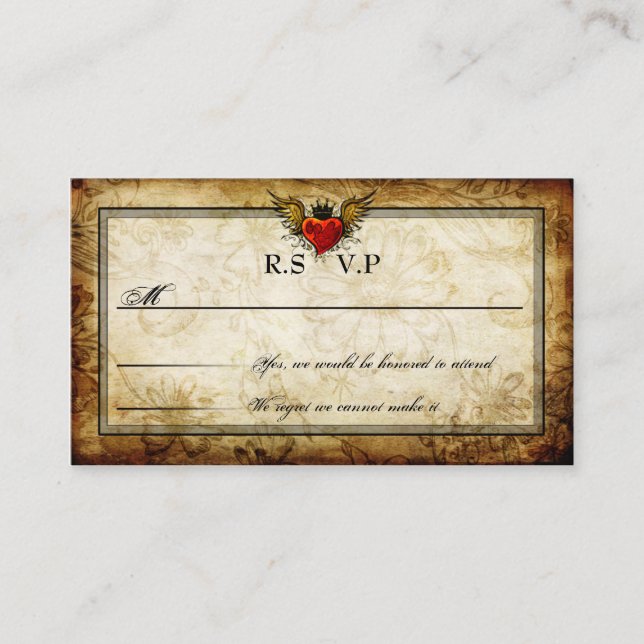 Vintage Urban Tattoo Winged Heart RSVP Cards (Front)