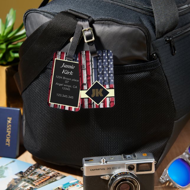 vintage US Flag monogram personalize custom Luggage Tag (Front & Back)
