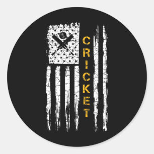 Vintage Usa American Flag Cricket Player Silhouett Classic Round Sticker