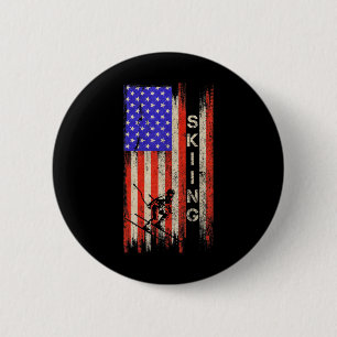 Vintage Usa American Flag Skiing Player Skier Silh 2 Inch Round Button