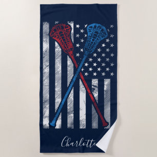 Vintage USA Flag and Lacrosse Sticks Personalized Beach Towel
