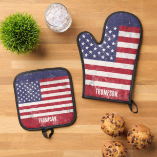 Vintage USA Flag Patriotic American Red White Blue Oven Mitt & Pot Holder Set