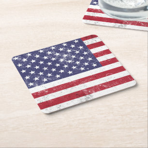Vintage USA Flag Patriotic American Red White Blue Square Paper Coaster