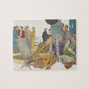 Vintage Vacation, Passengers Cruise Ship on Deck Jigsaw Puzzle
