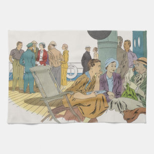 Vintage Vacation, Passengers Cruise Ship on Deck Kitchen Towel