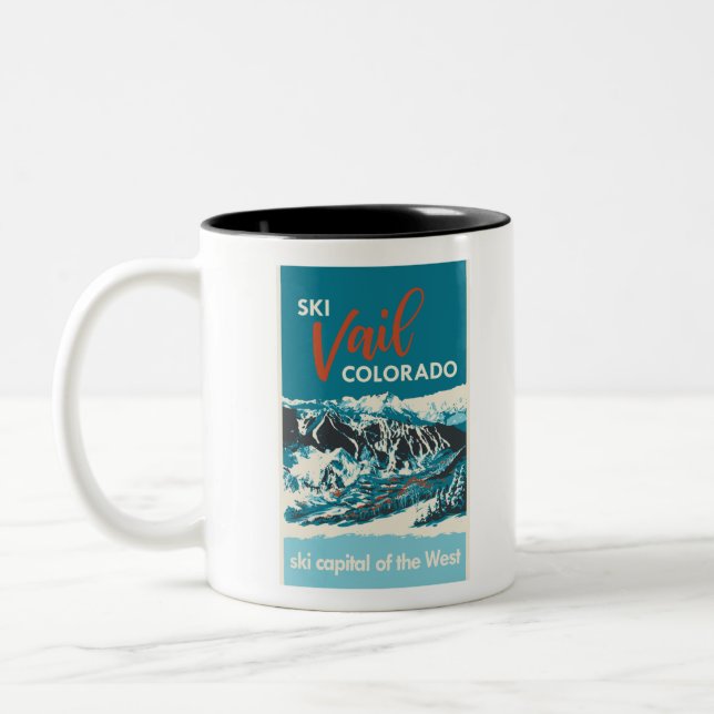Vintage Vail Ski Poster Two-Tone Coffee Mug (Left)