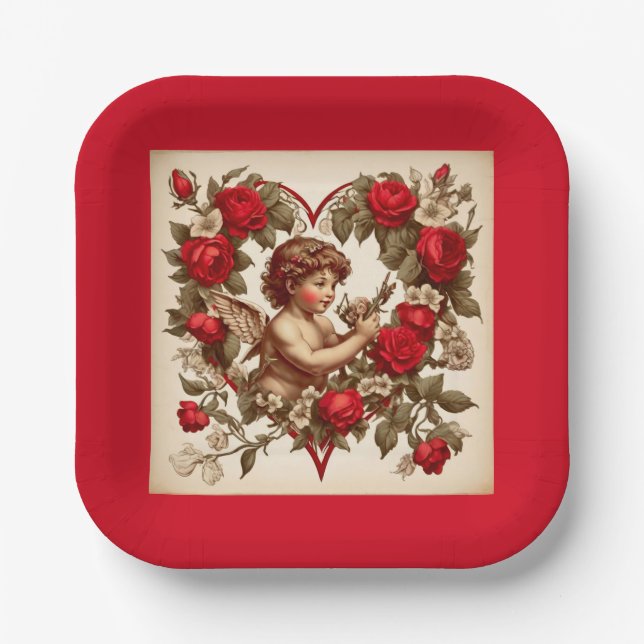 Vintage Valentine art love cupid Paper Plate (Front)
