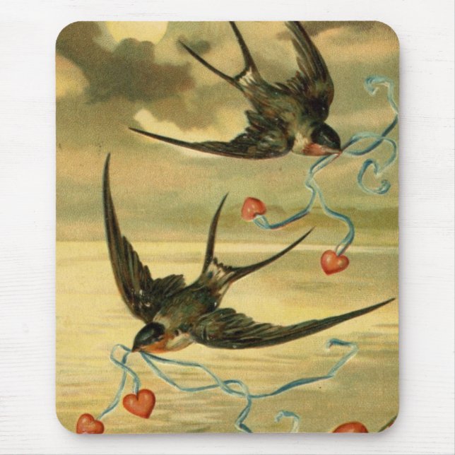 Vintage Valentine Barn Swallows With Hearts Mouse Pad (Front)