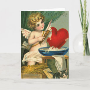 Vintage Valentine Cherub and Red Heart Holiday Card