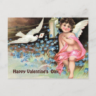 Vintage Valentine -Cherub with Dove Letter & Phone Holiday Postcard