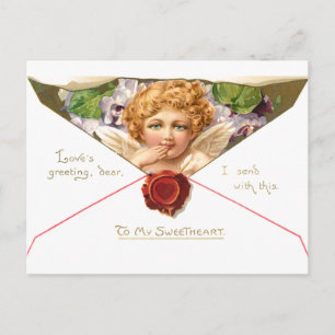 Vintage Valentine Cherub with Purple Flowers Postcard