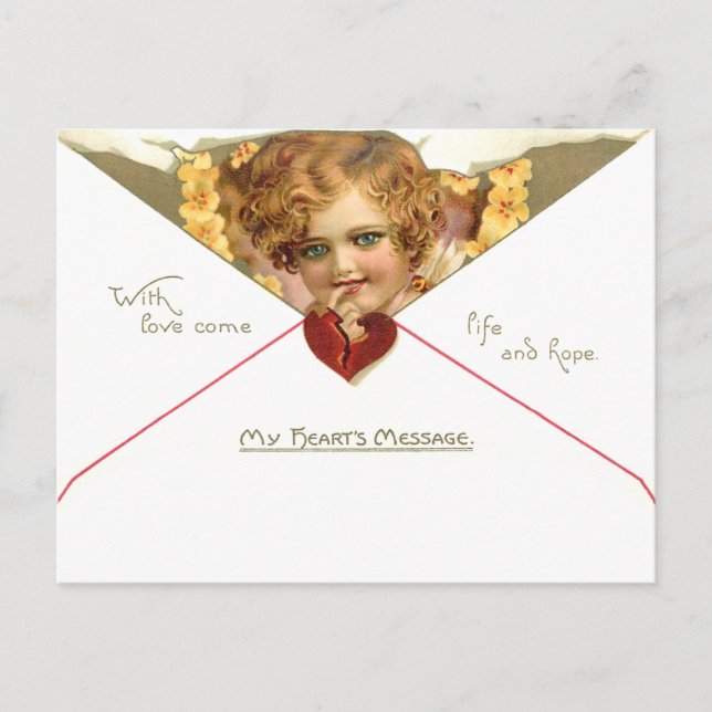 Vintage Valentine Cherub with Yellow Flowers Postcard (Front)