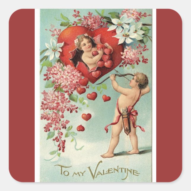 Vintage Valentine Cherubs and Hearts Square Sticker (Front)