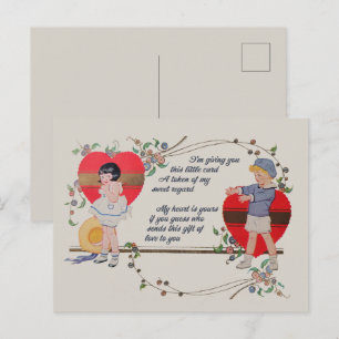 Vintage Valentine Children Cute Colourful Art Deco Postcard
