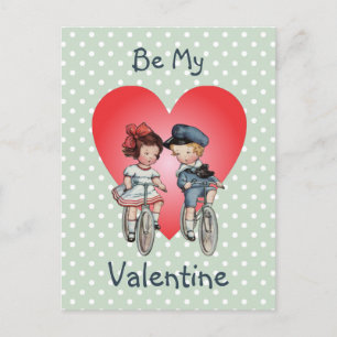 Vintage Valentine Children on Bikes With Heart Holiday Postcard
