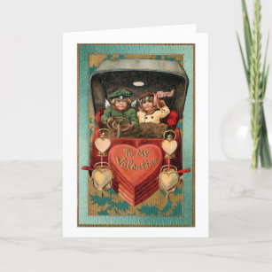 Vintage Valentine Couple in Car with Hearts Holiday Card