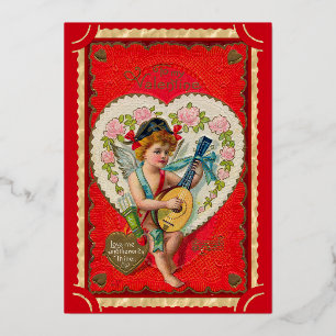 Vintage valentine cupid art musical foil holiday card