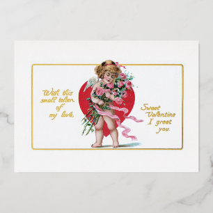 Vintage Valentine Cupid with Heart & Roses Foil Holiday Card