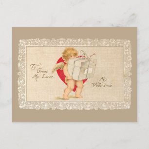 Vintage Valentine Cupid with Package and Red Heart Postcard