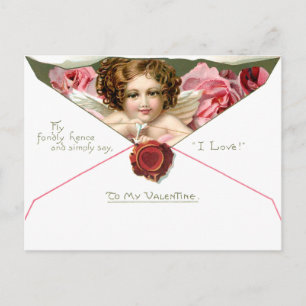 Vintage Valentine Cupid with Pink Roses Postcard