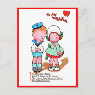 Vintage Valentine Cute Girl & Boy With Heart Postcard