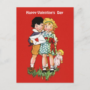 Vintage Valentine Cute Kids with Doll and Envelope Holiday Postcard