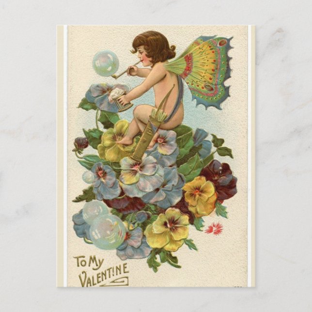 Vintage Valentine Fairy on Pansies Valentine Postcard (Front)
