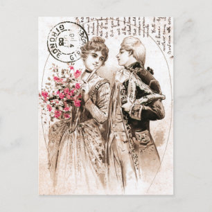 Vintage Valentine French Couple Pink Rose Romantic Holiday Postcard