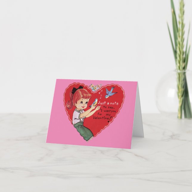 Vintage Valentine Girl With Birds Card (Front)