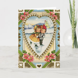 Vintage Valentine Ice Skaters Holiday Card