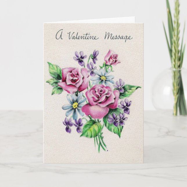 Vintage Valentine Pretty Purple Flowers Holiday Card (Front)