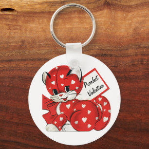 Vintage Valentine Red Cat White Hearts Retro Love Keychain