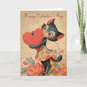 Vintage Valentine`s Day Cat With Heart Card