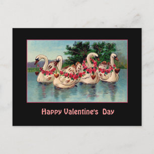 Vintage Valentine - Swans with Roses and Hearts Holiday Postcard