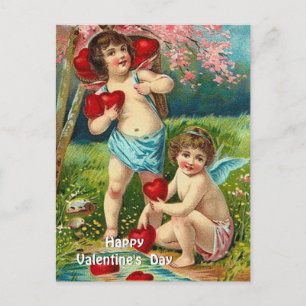 Vintage Valentine - Two Cherubs with Hearts Holiday Postcard