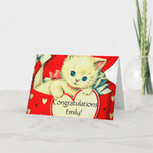 Vintage Valentine White Kitten in Red Heart Box Card
