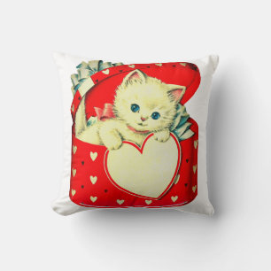 Vintage Valentine White Kitten in Red Heart Box Throw Pillow