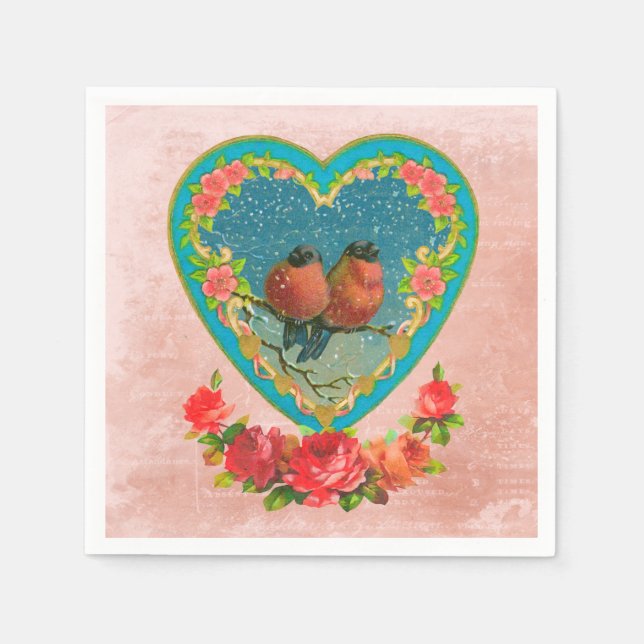 Vintage Valentine with Birds Paper Napkin (Front)
