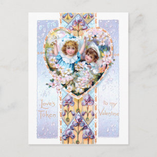 Vintage Valentine with Children and Purple Iris Postcard