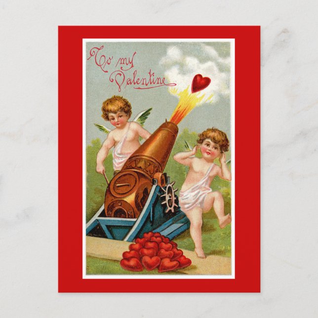 Vintage Valentine with Heart Cannon Holiday Postcard (Front)